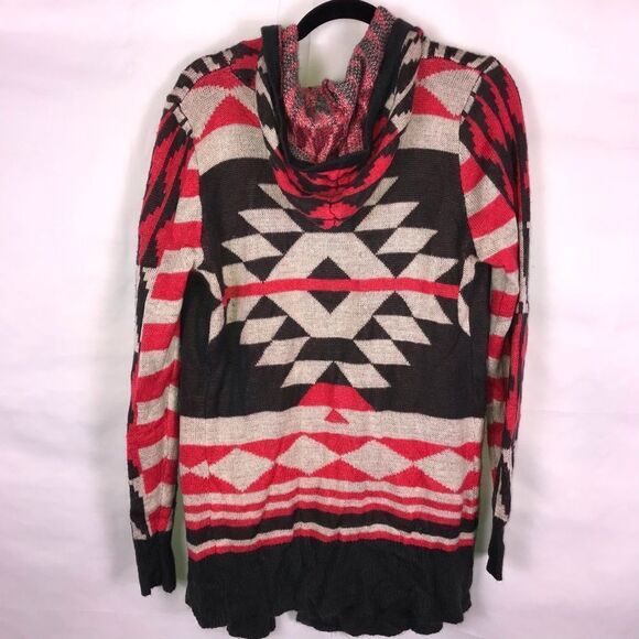 Aubrey Ann Open Cardigan with Hood and Aztec Print - Picture 2 of 7